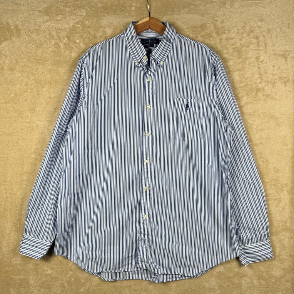 Ralph Lauren Mens XL Classic Fit Blue‎ Striped Button Down 100% Cotton Stretch